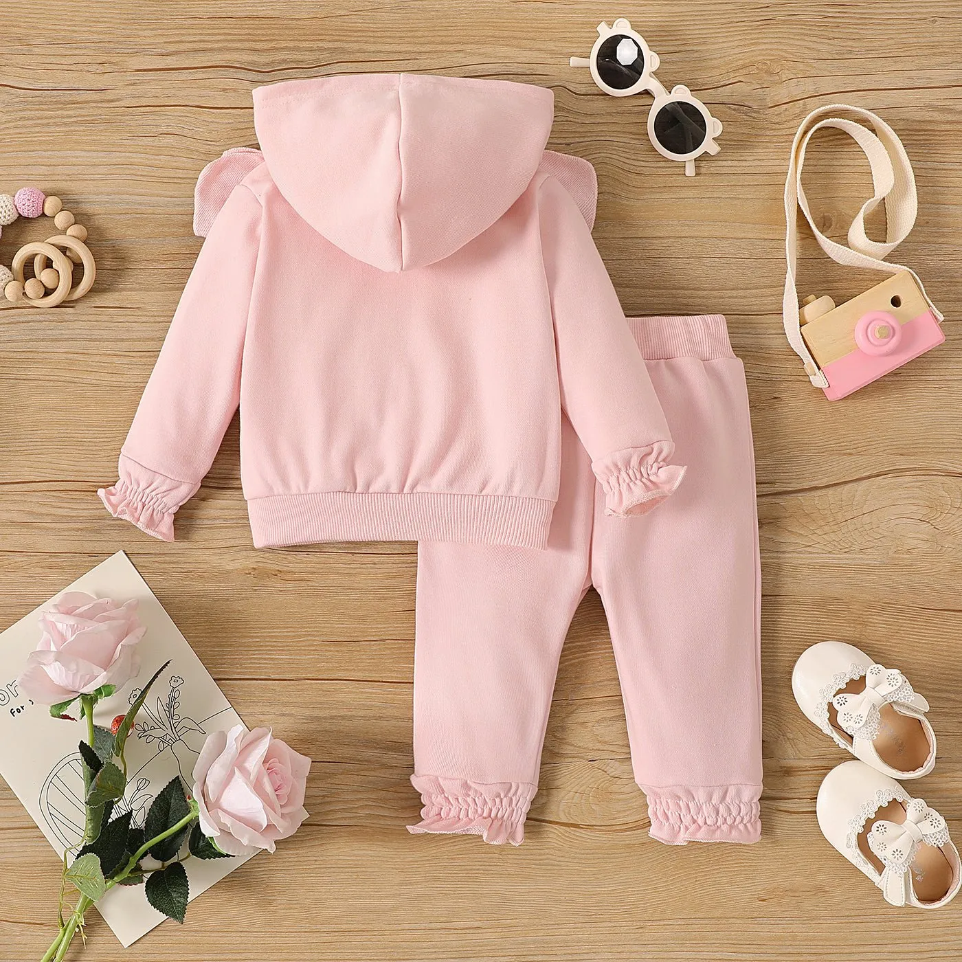 2pcs Baby Girl Pink Ruffle Trim Long-sleeve Hoodie and Pants Set