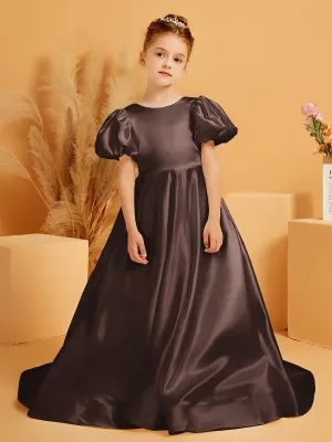 A-Line Pleated Satin Flower Girl Dress Chocolate