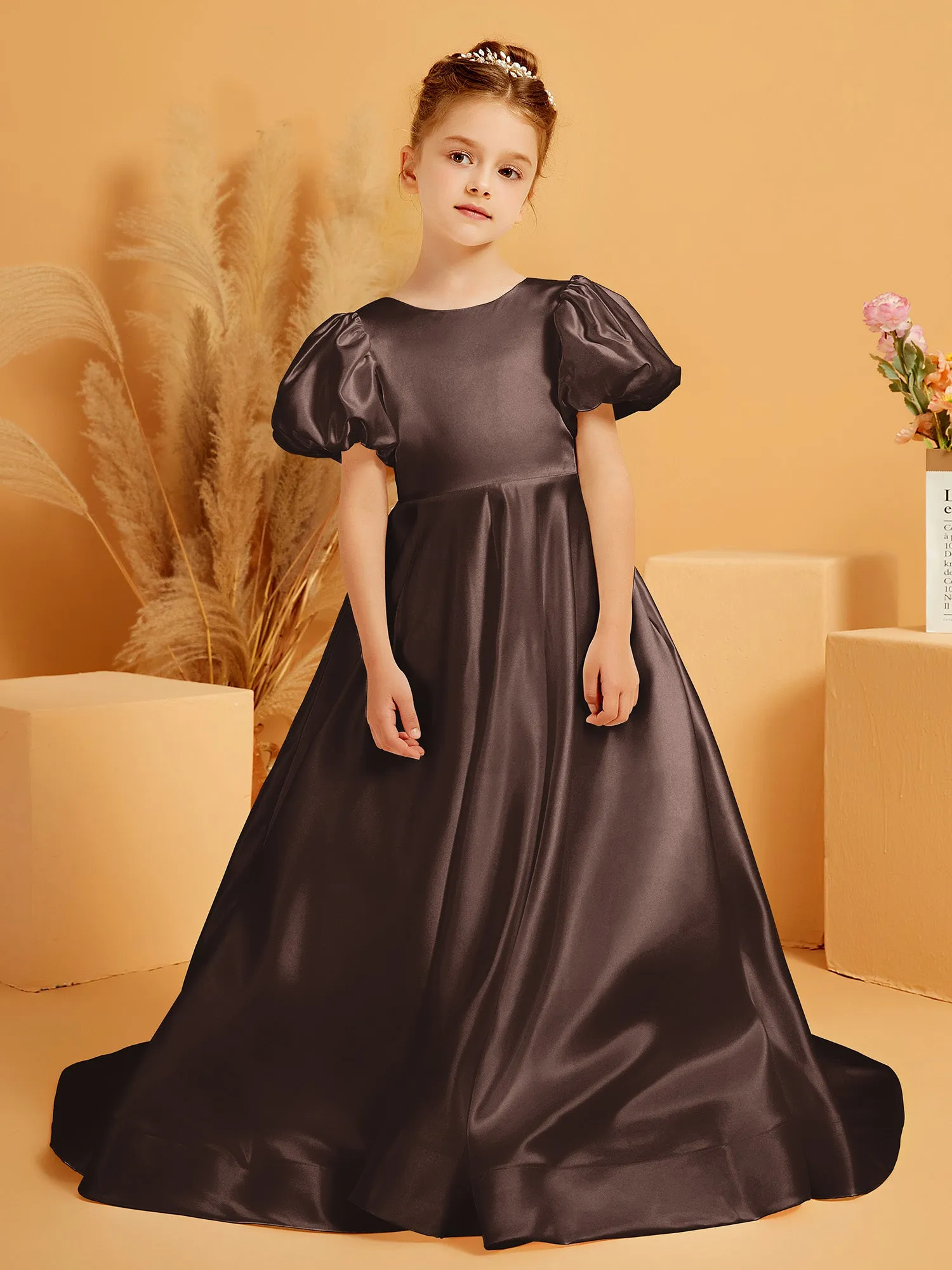 A-Line Pleated Satin Flower Girl Dress Chocolate