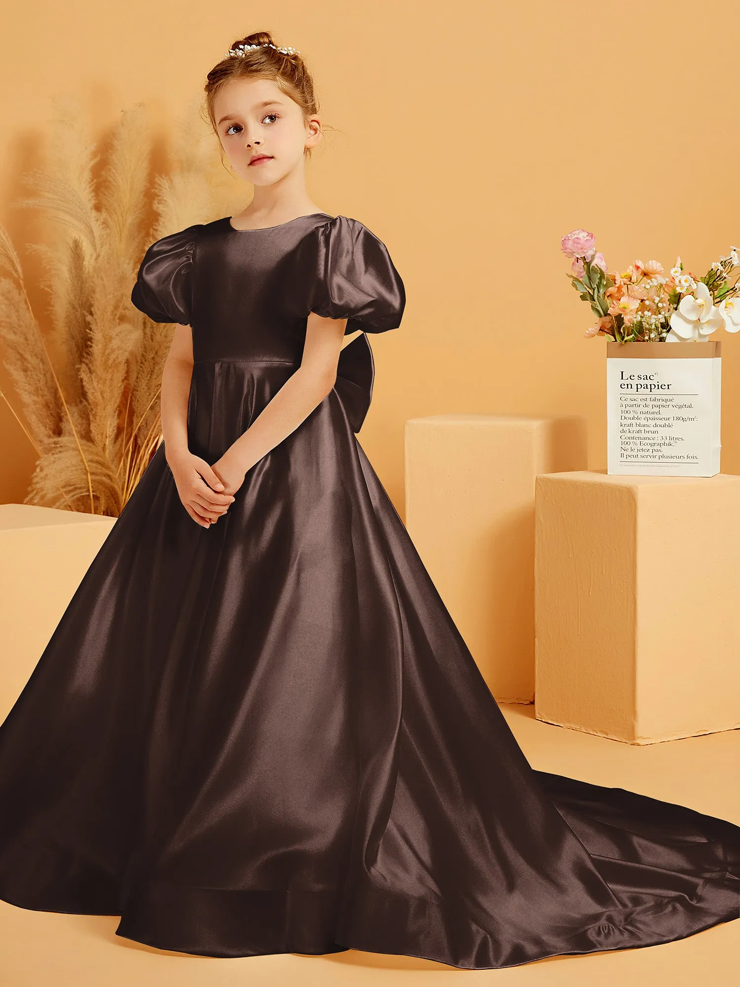 A-Line Pleated Satin Flower Girl Dress Chocolate