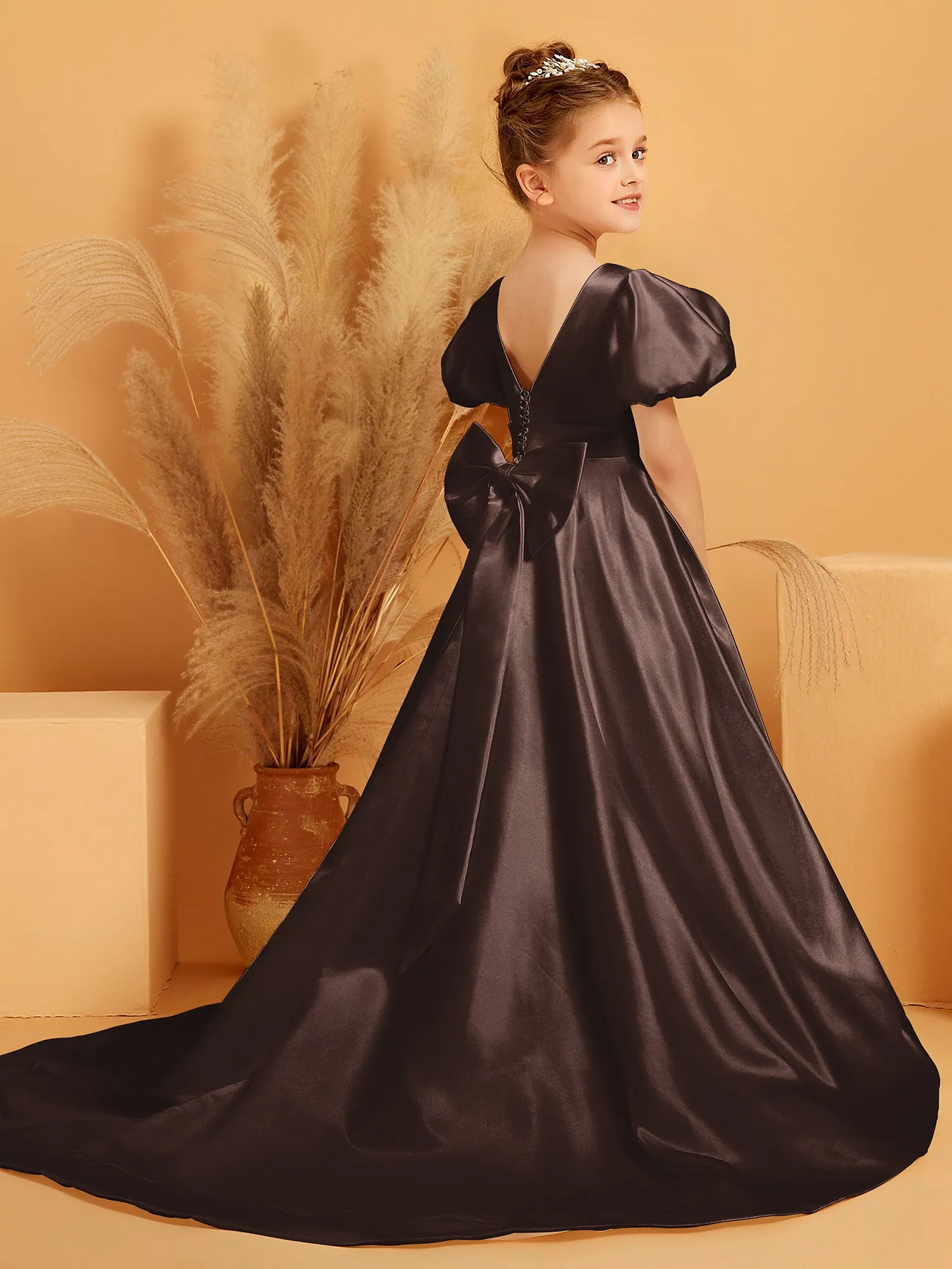 A-Line Pleated Satin Flower Girl Dress Chocolate