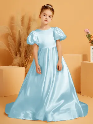 A-Line Pleated Satin Flower Girl Dress Mist