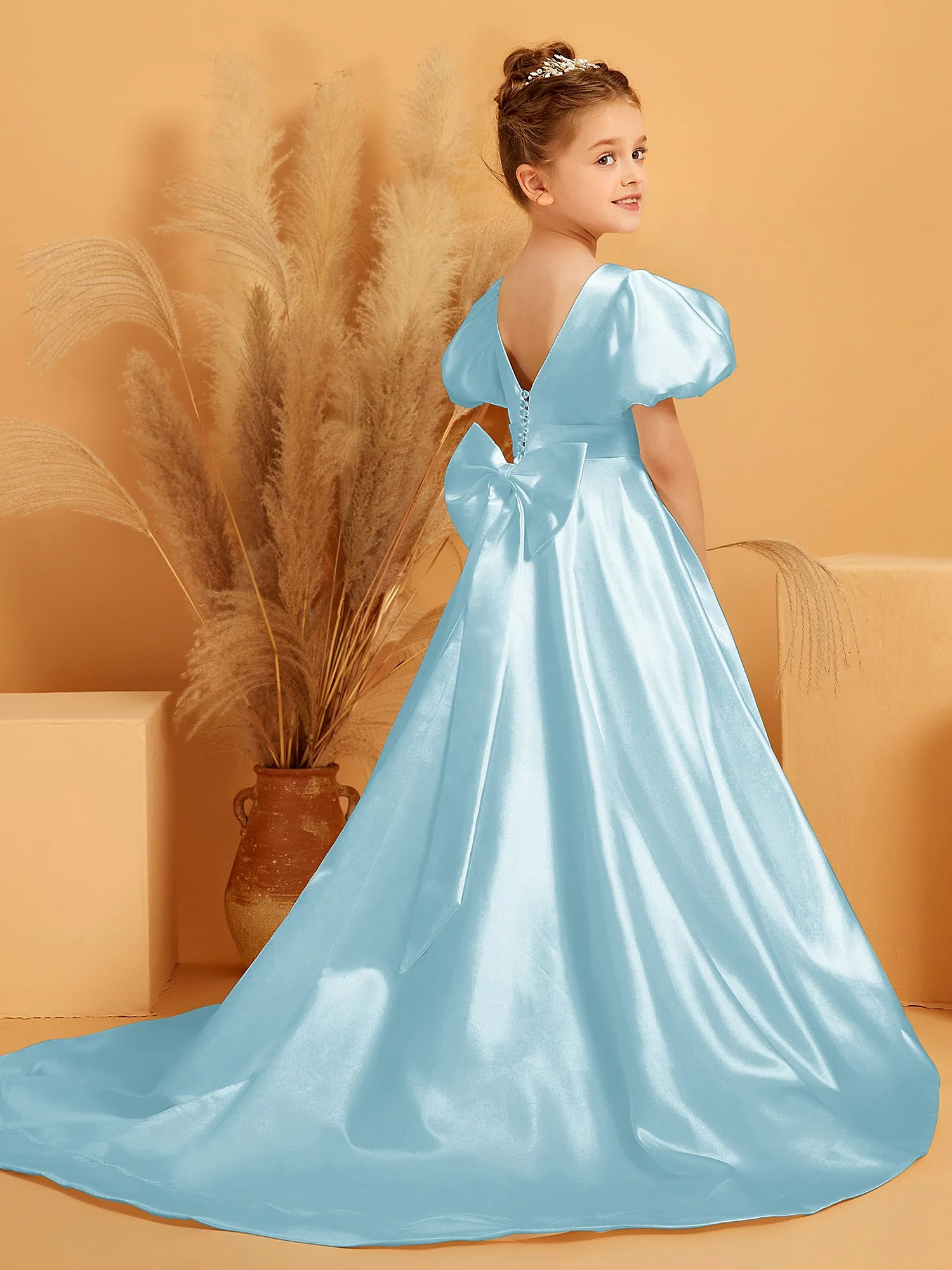 A-Line Pleated Satin Flower Girl Dress Mist