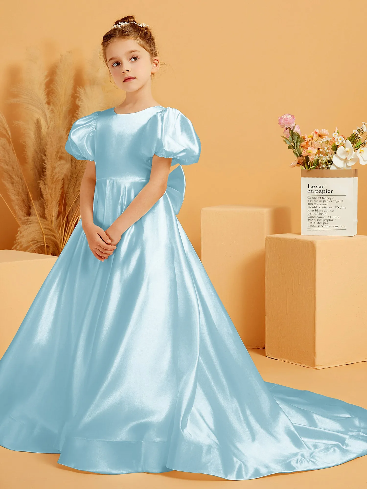 A-Line Pleated Satin Flower Girl Dress Mist