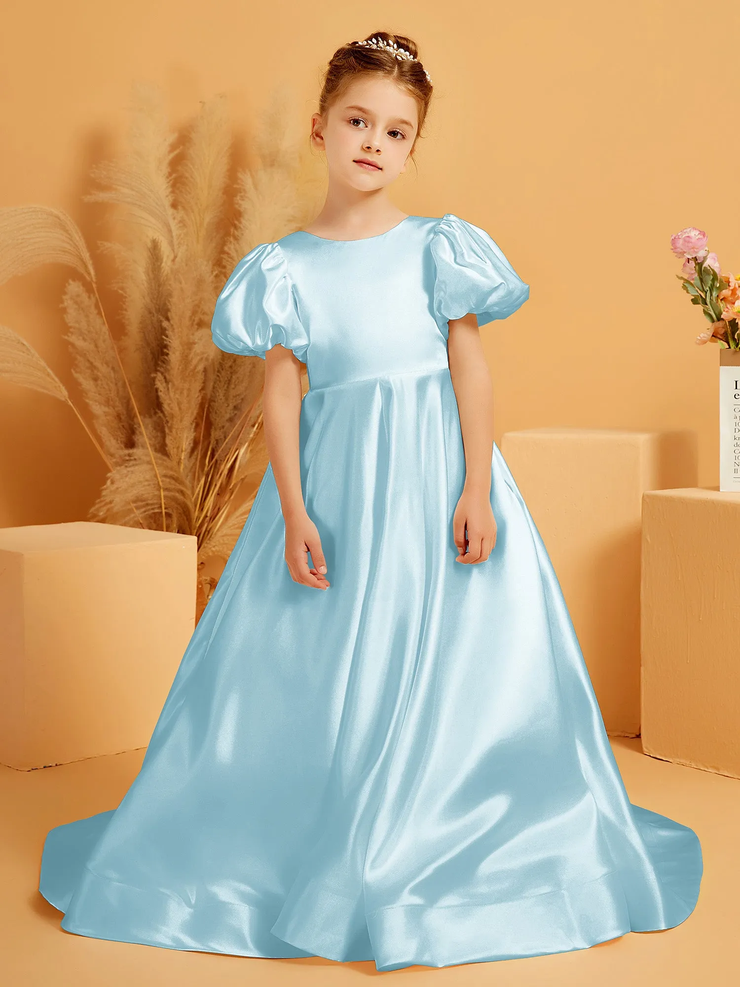 A-Line Pleated Satin Flower Girl Dress Mist