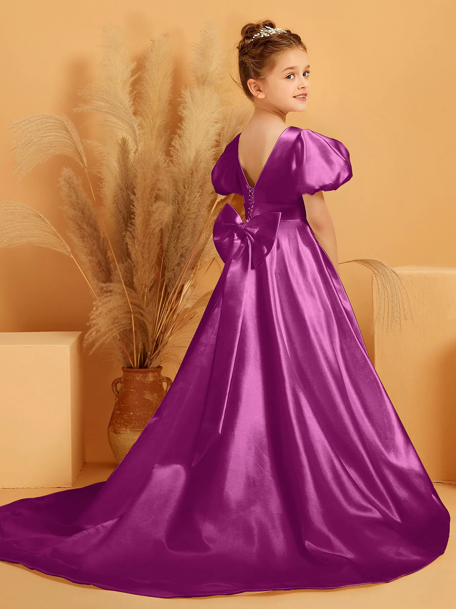 A-Line Pleated Satin Flower Girl Dress Orchid