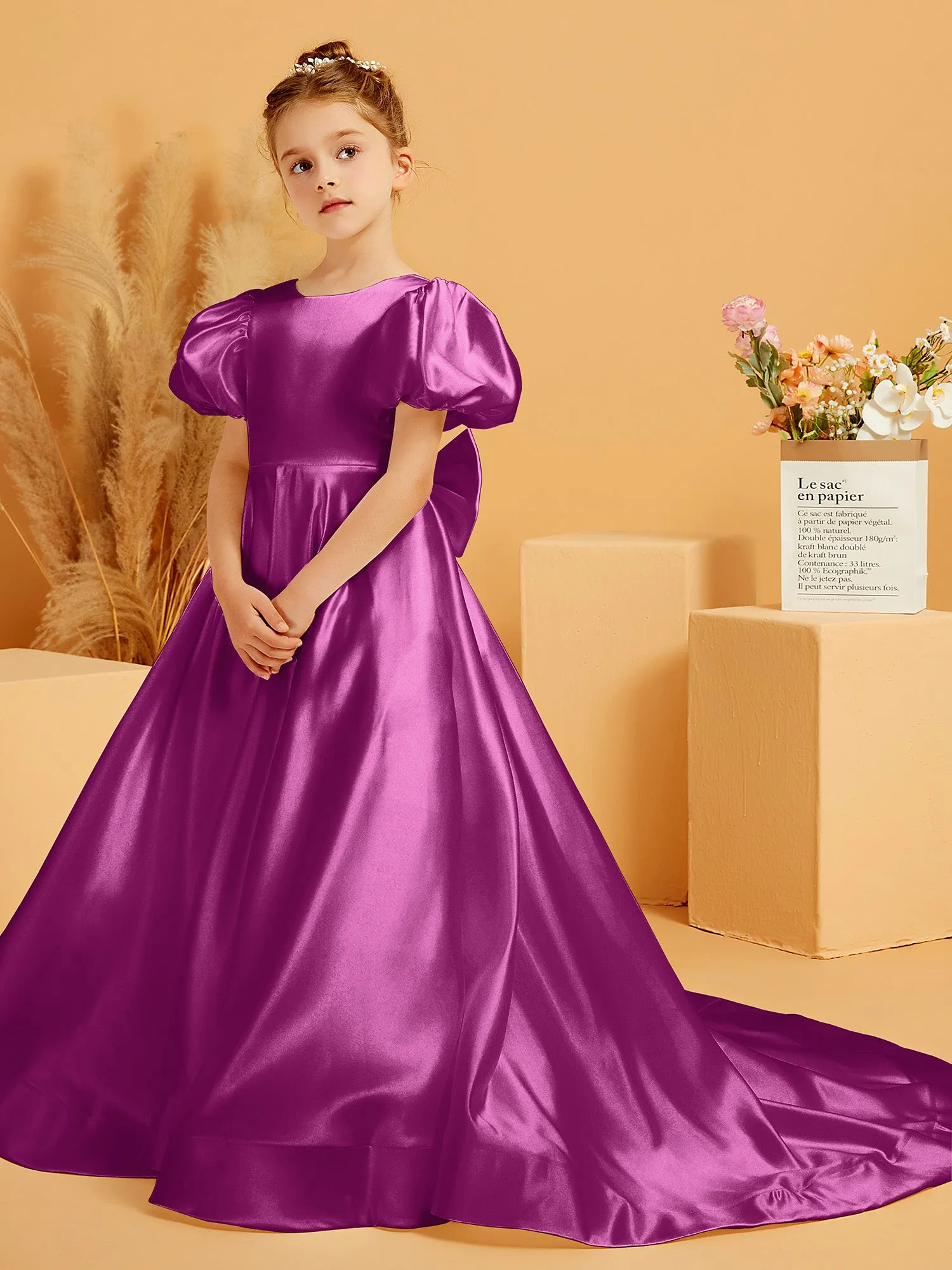 A-Line Pleated Satin Flower Girl Dress Orchid