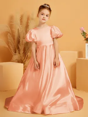 A-Line Pleated Satin Flower Girl Dress Papaya