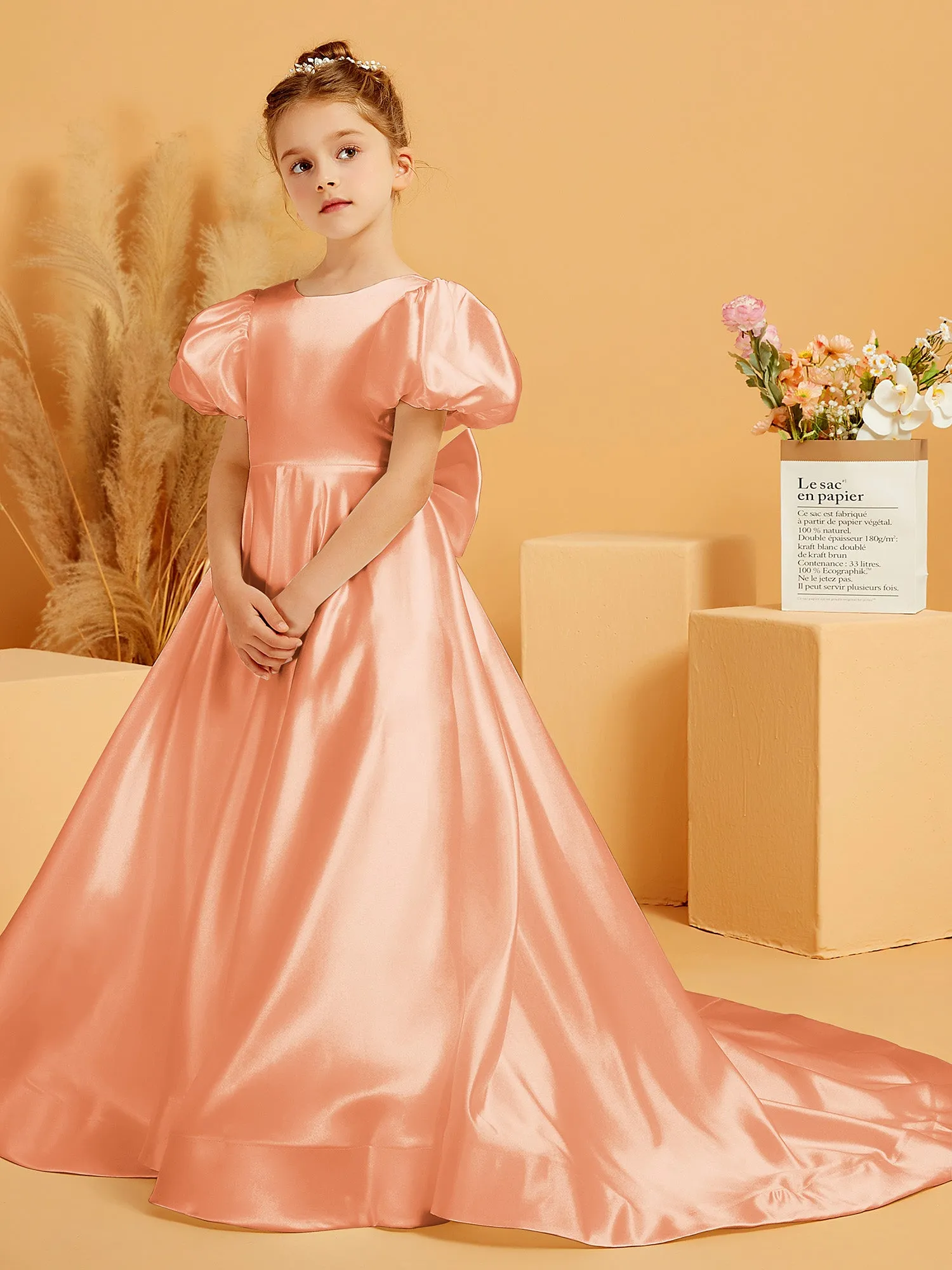 A-Line Pleated Satin Flower Girl Dress Papaya