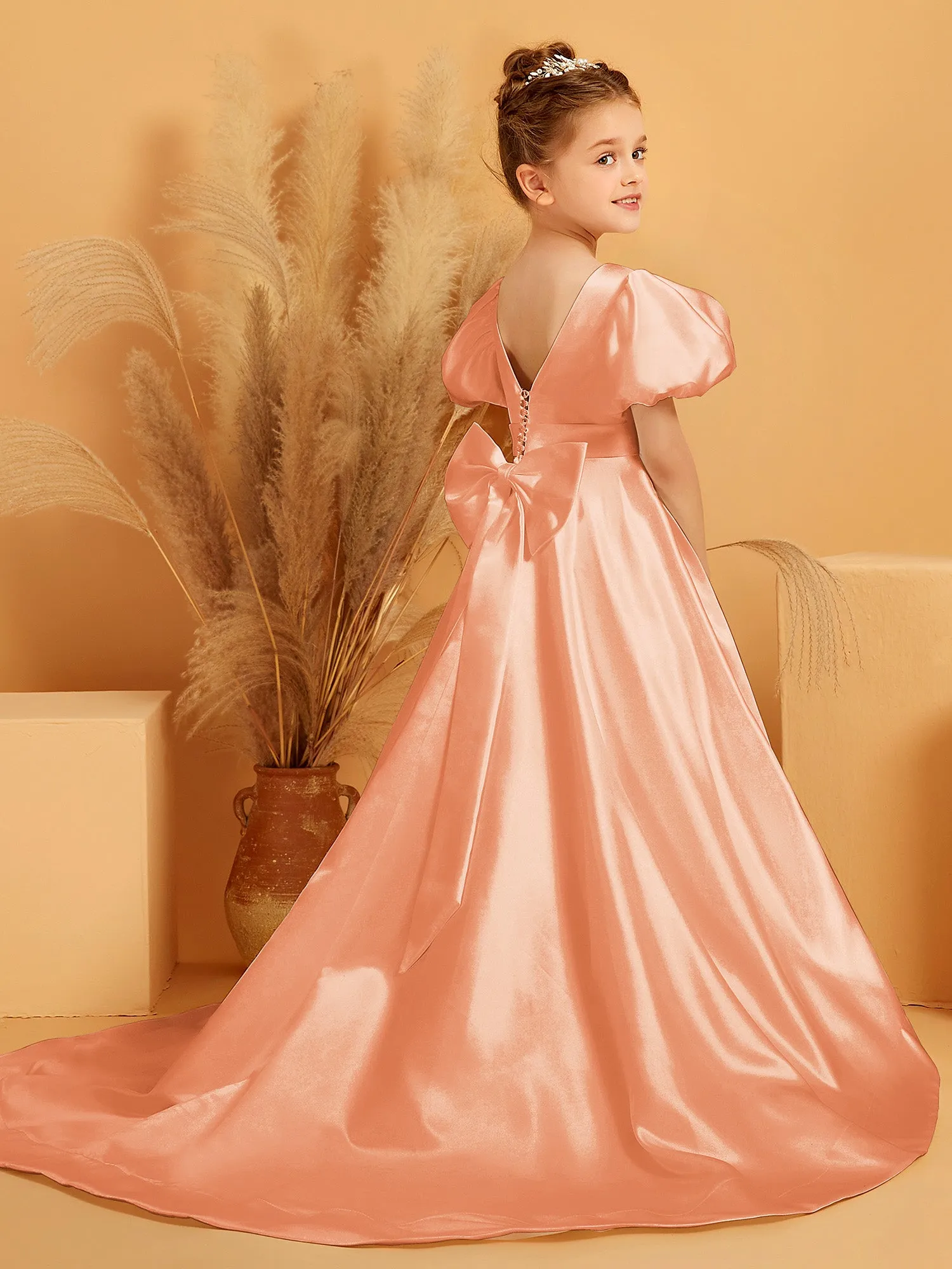 A-Line Pleated Satin Flower Girl Dress Papaya