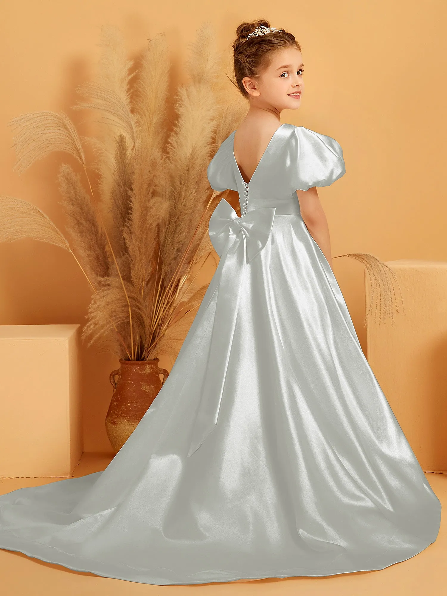A-Line Pleated Satin Flower Girl Dress Silver