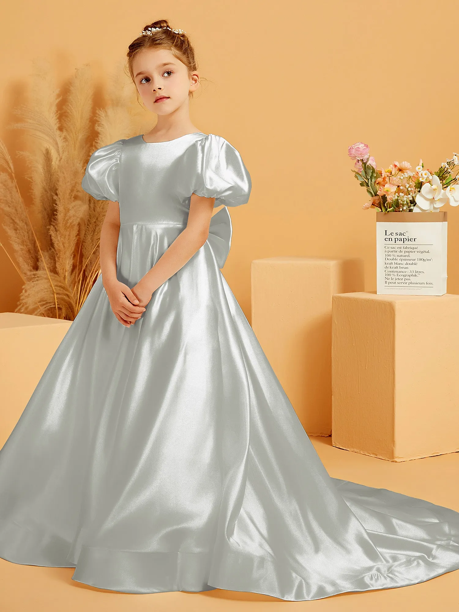A-Line Pleated Satin Flower Girl Dress Silver