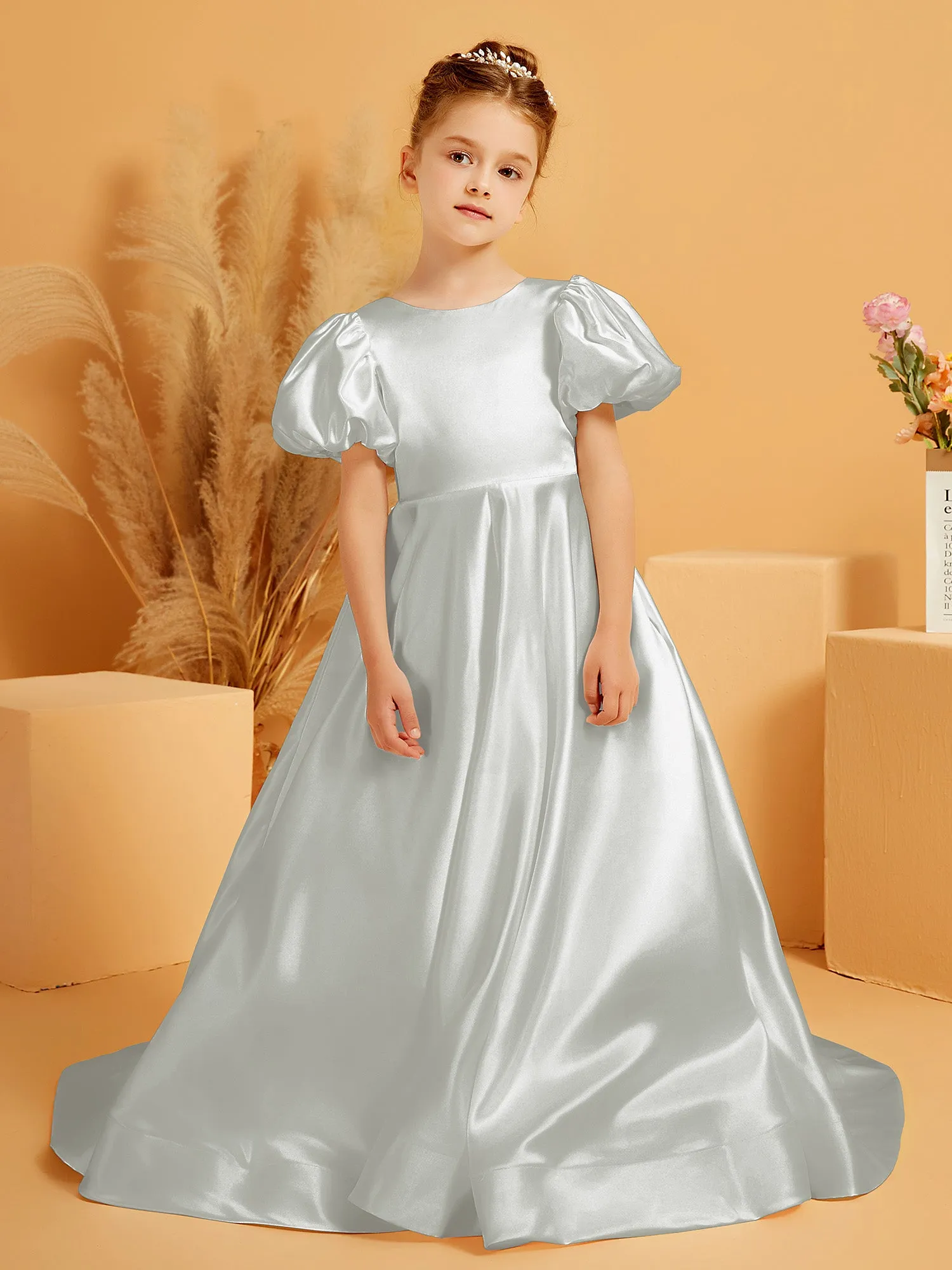A-Line Pleated Satin Flower Girl Dress Silver