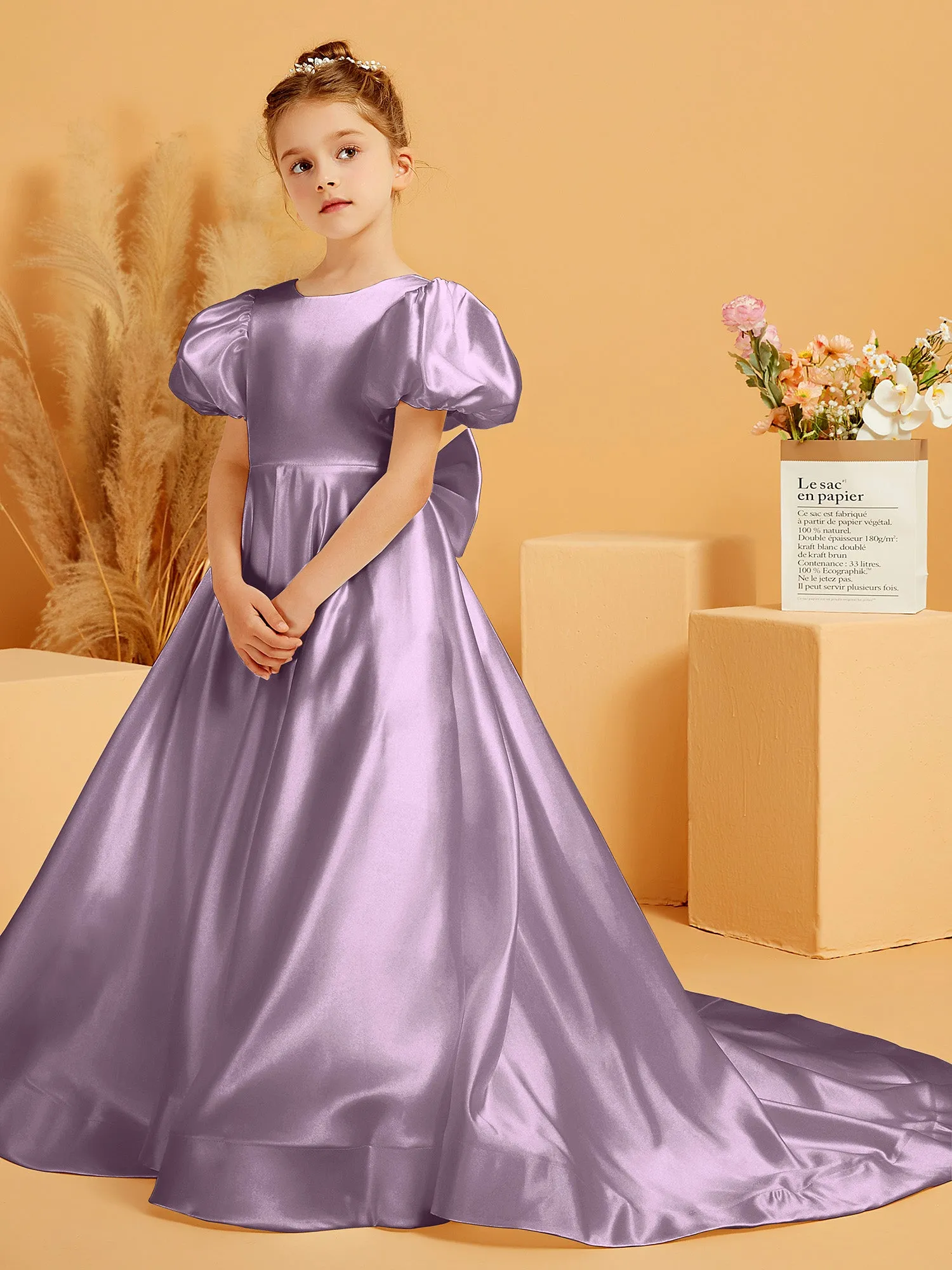 A-Line Pleated Satin Flower Girl Dress Wisteria