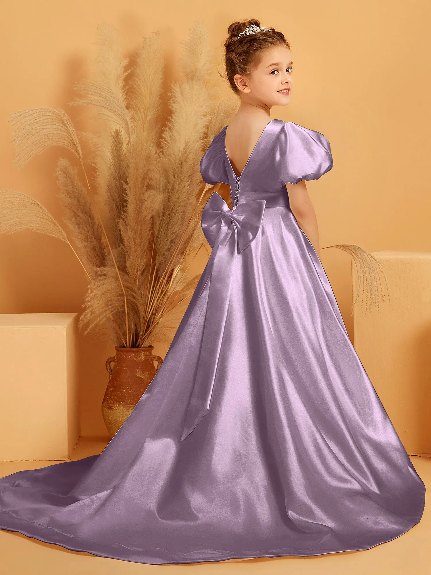 A-Line Pleated Satin Flower Girl Dress Wisteria