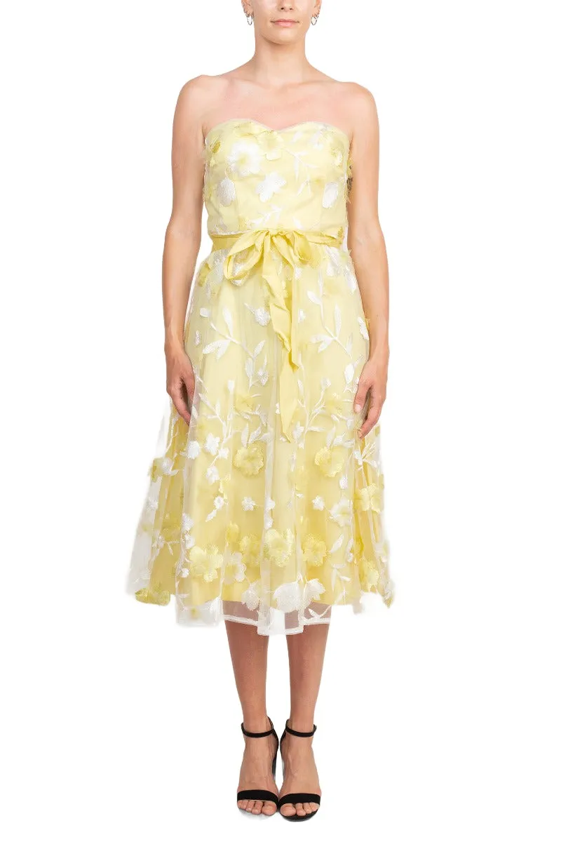 Adrianna Papell Strapless Floral Embroidered Tie Waist Zipper Back Cocktail Midi Dress