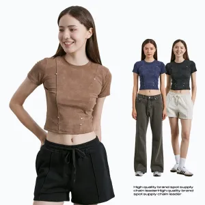 American-style Retro Fried Color Distressed Top Round Neck Rivet Short T-shirt For Women