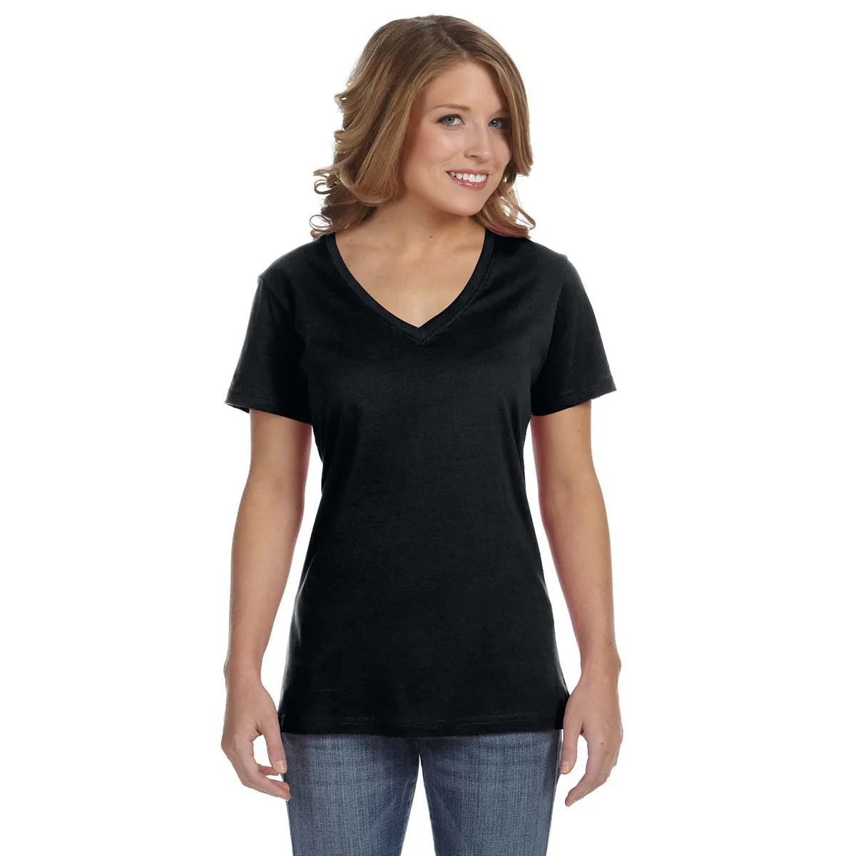Anvil Women's Black Ringspun Featherweight V-Neck T-Shirt