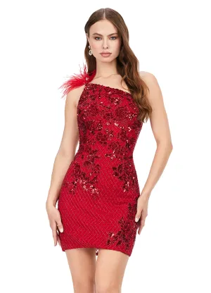 Ashley Lauren 4612 One Shoulder With Feathers Beaded Sequin Fitted Cocktail Homecoming Dress