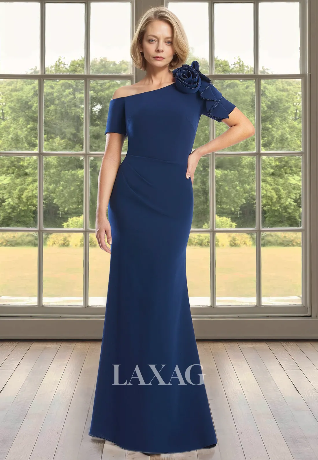 Asymmetrical-Neck Short-Sleeves Cocktail Gowns Beaded Floral Embossed Mermaid Mother of the Bride Dress