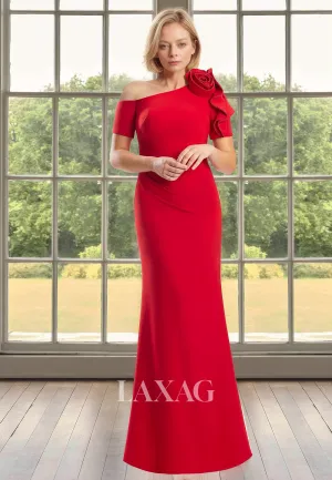 Asymmetrical-Neck Short-Sleeves Cocktail Gowns Beaded Floral Embossed Mermaid Mother of the Bride Dress
