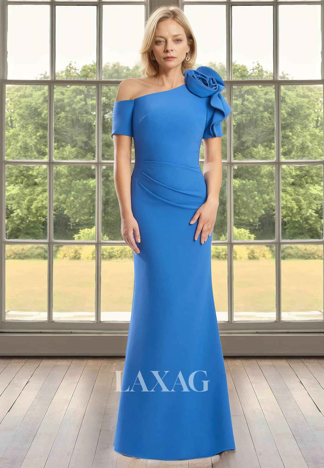 Asymmetrical-Neck Short-Sleeves Cocktail Gowns Beaded Floral Embossed Mermaid Mother of the Bride Dress