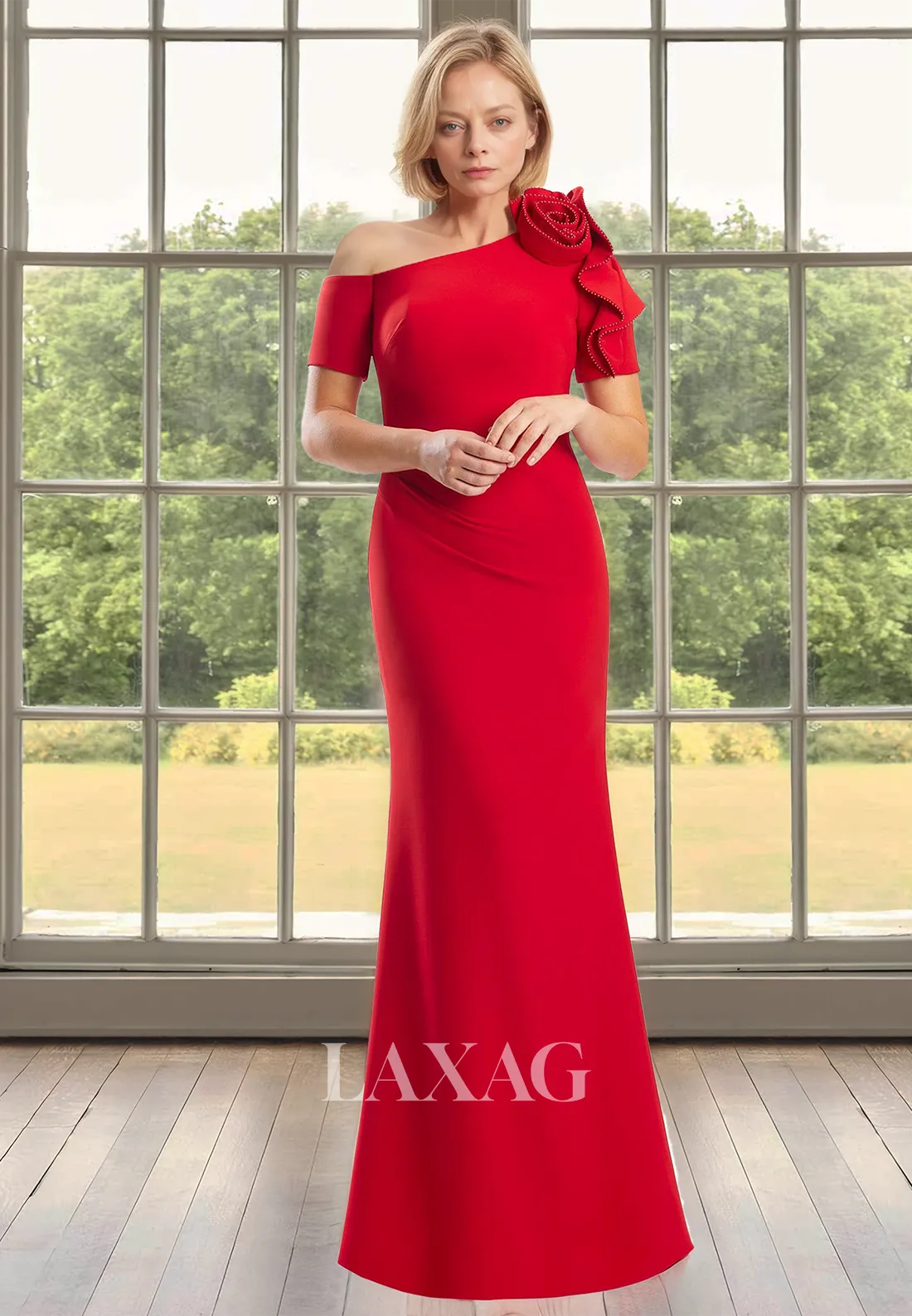 Asymmetrical-Neck Short-Sleeves Cocktail Gowns Beaded Floral Embossed Mermaid Mother of the Bride Dress