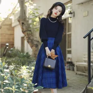 Balloon Sleeve Mock Neck Plain Sweater / High Waist Plaid Midi