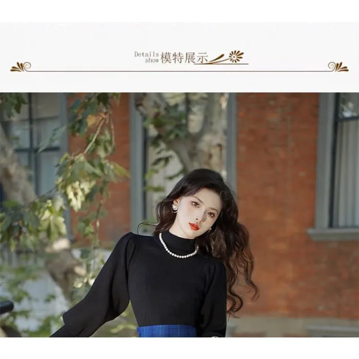Balloon Sleeve Mock Neck Plain Sweater / High Waist Plaid Midi