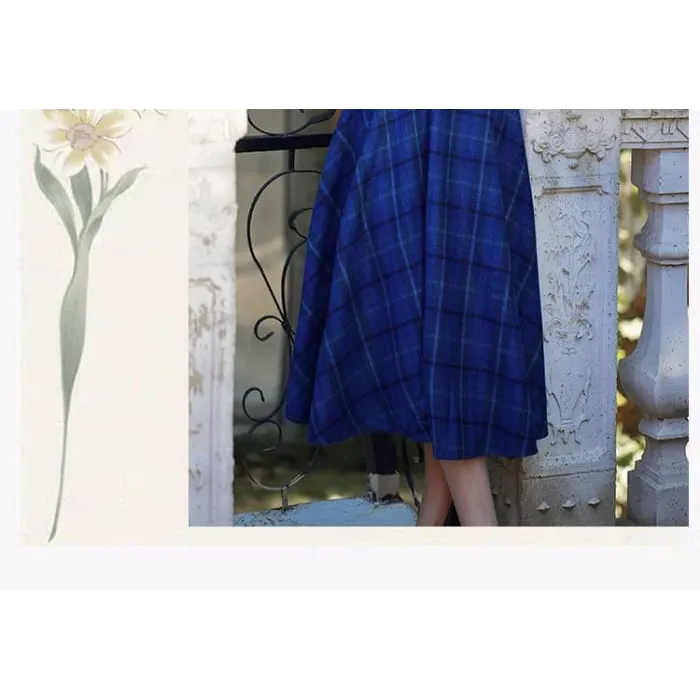 Balloon Sleeve Mock Neck Plain Sweater / High Waist Plaid Midi