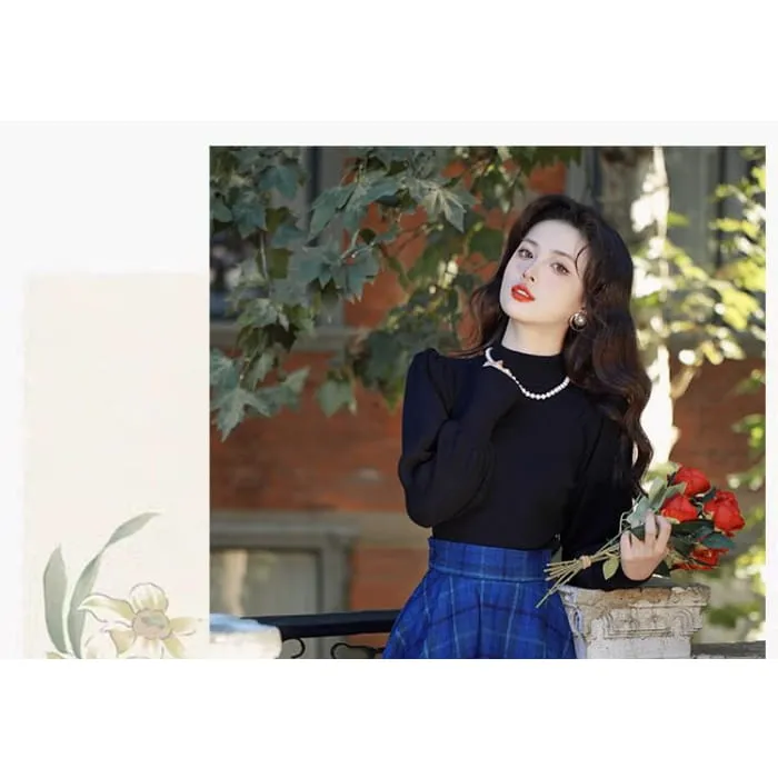 Balloon Sleeve Mock Neck Plain Sweater / High Waist Plaid Midi