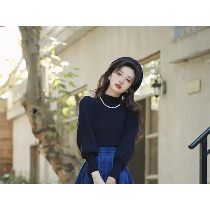 Balloon Sleeve Mock Neck Plain Sweater / High Waist Plaid Midi
