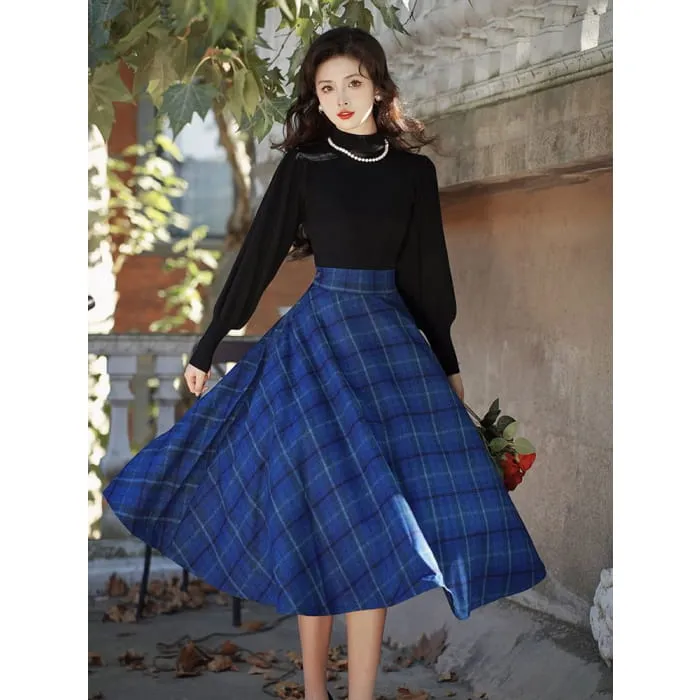 Balloon Sleeve Mock Neck Plain Sweater / High Waist Plaid Midi