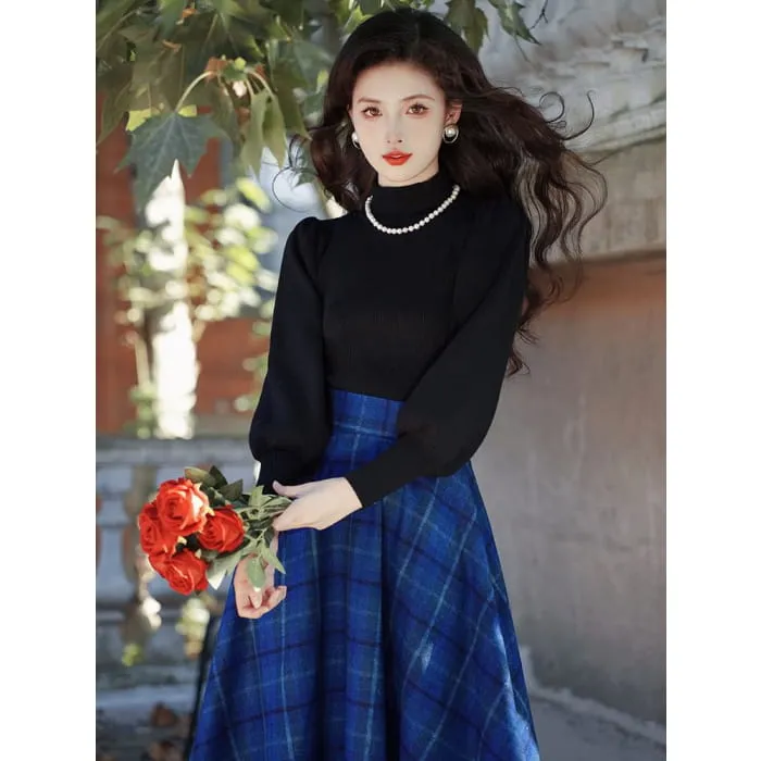 Balloon Sleeve Mock Neck Plain Sweater / High Waist Plaid Midi