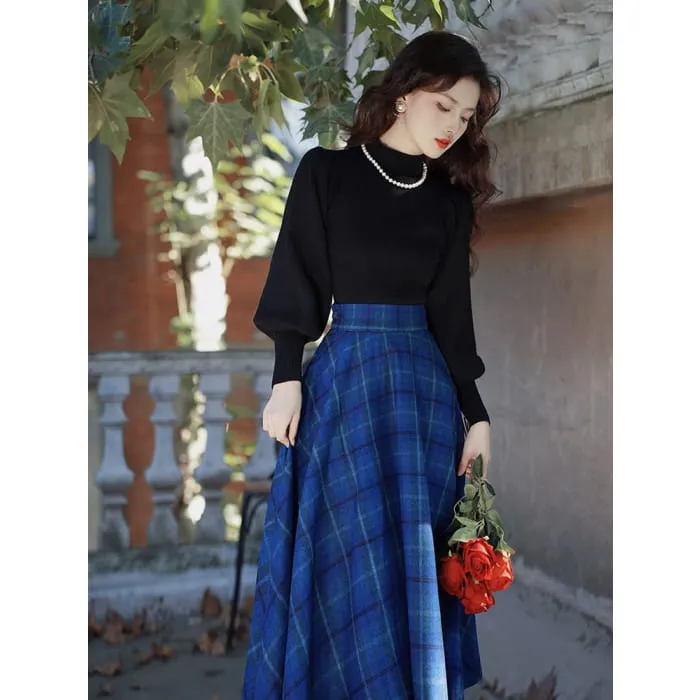 Balloon Sleeve Mock Neck Plain Sweater / High Waist Plaid Midi