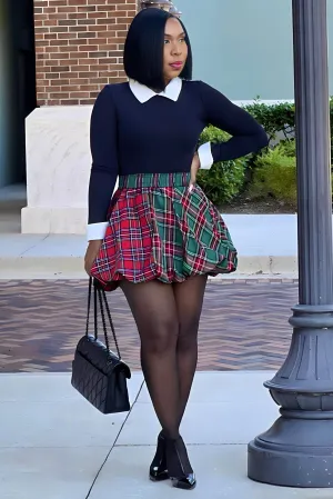 Billie Jean Bubble Hem Mini Skirt-Plaid Colorblock