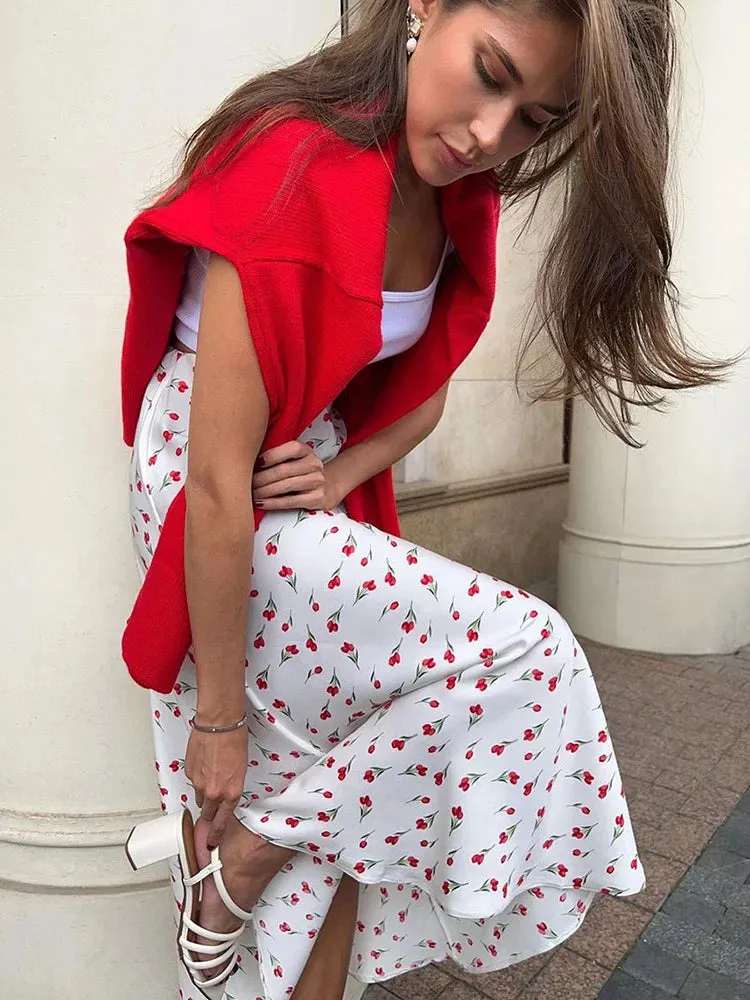 Cherry A-shaped Fish Tail Patchwork Skirt with Print