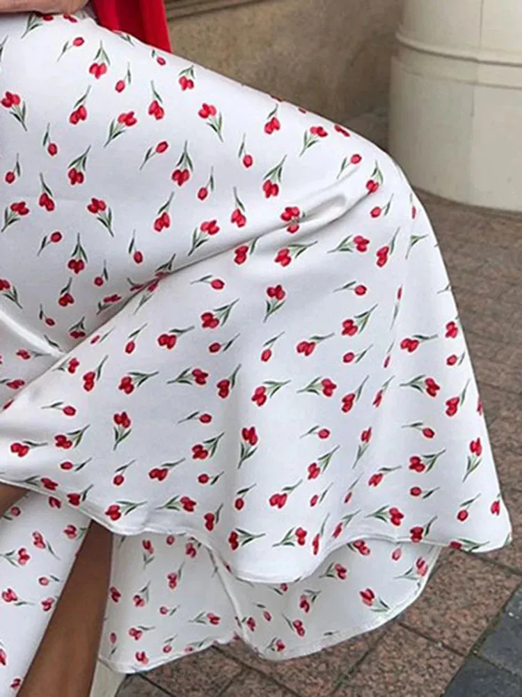 Cherry A-shaped Fish Tail Patchwork Skirt with Print