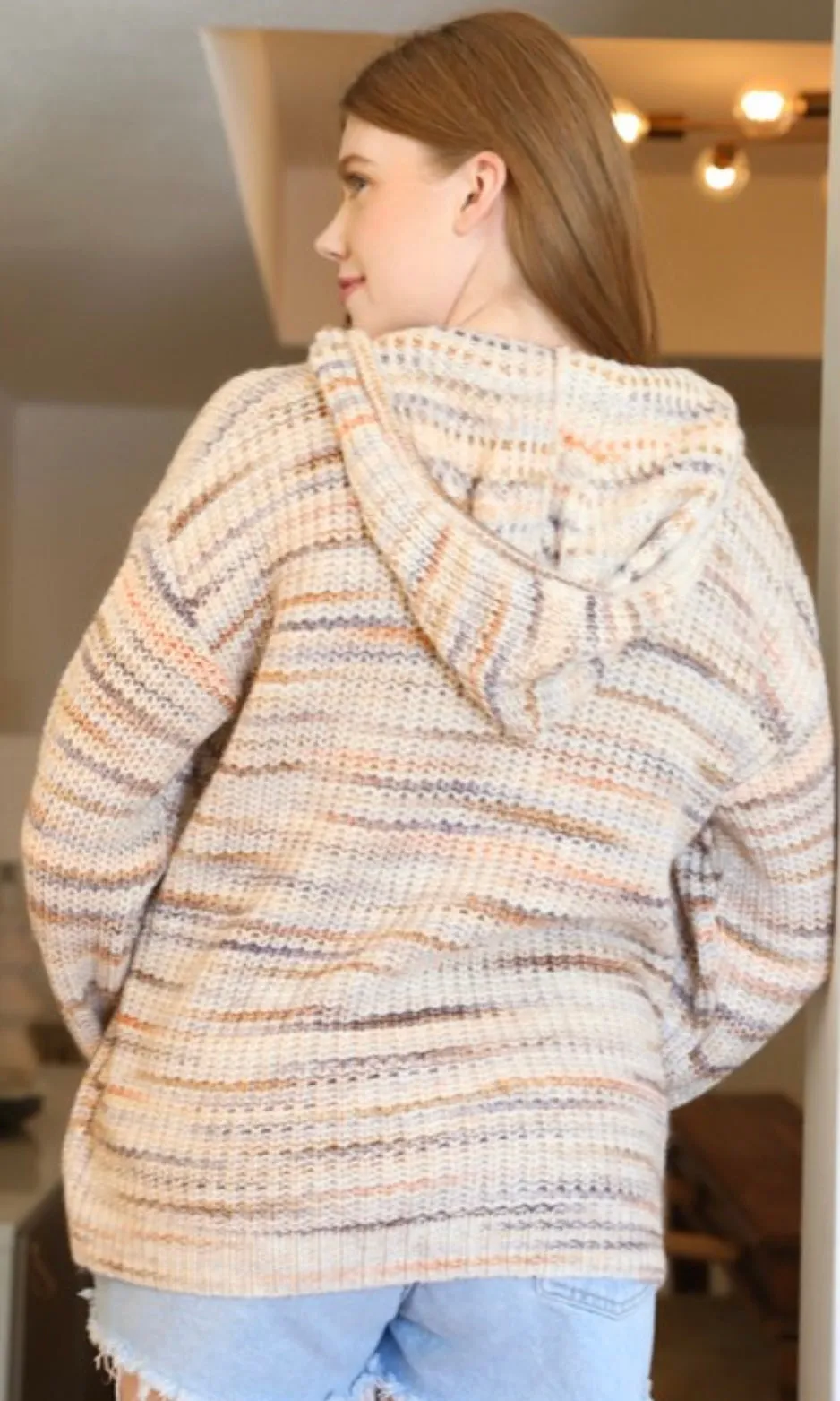 Deja Tan Open Knit Striped Sweater Hoodie