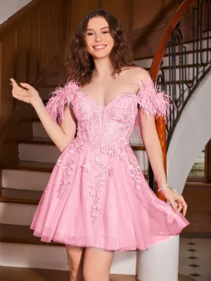 Feather Adorned Off-the-shoulder Cocktail Dress Candy Pink