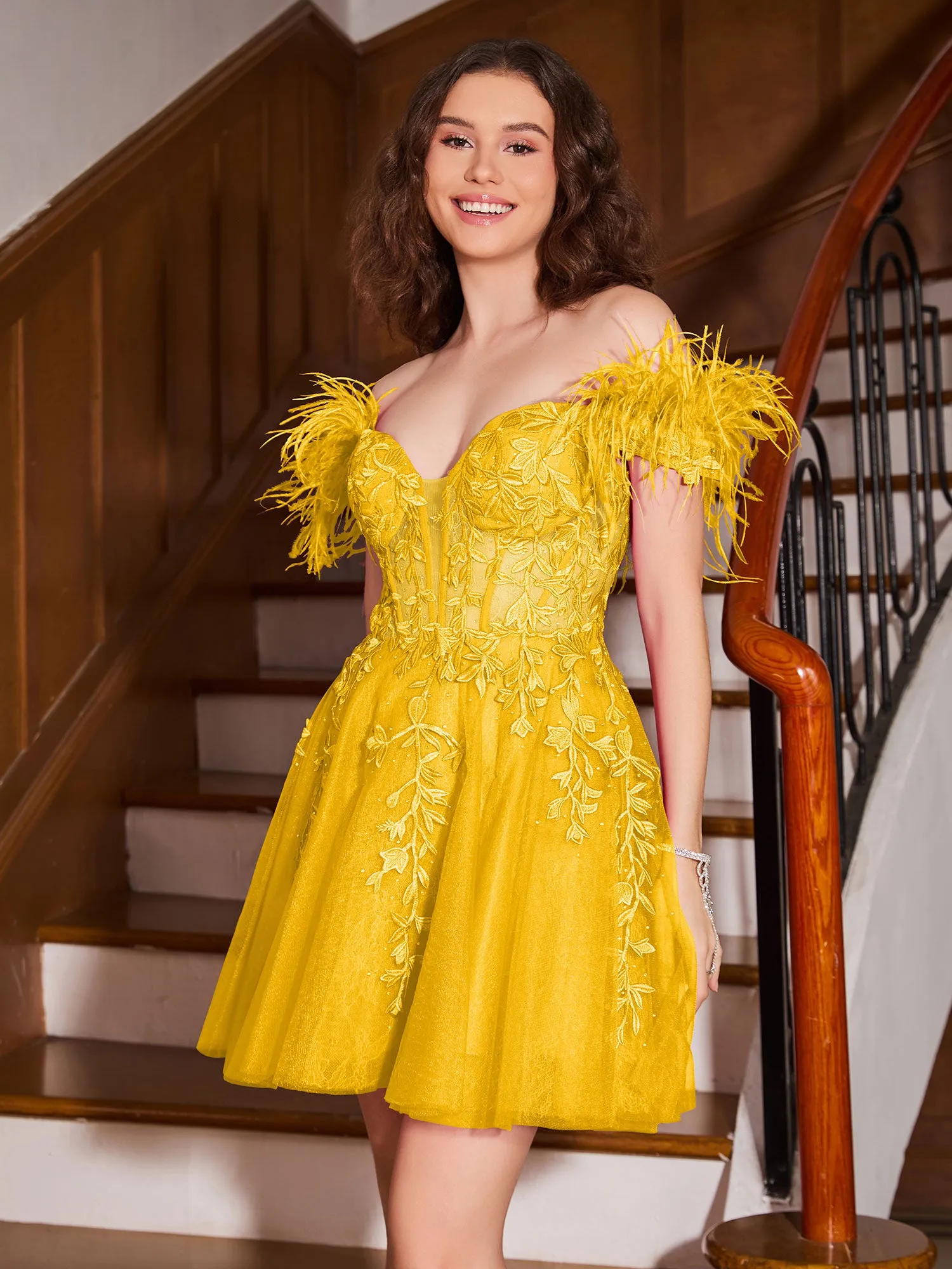 Feather Adorned Off-the-shoulder Cocktail Dress Marigold