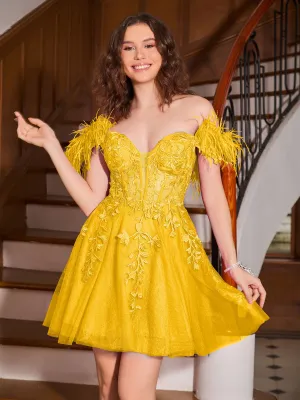 Feather Adorned Off-the-shoulder Cocktail Dress Marigold