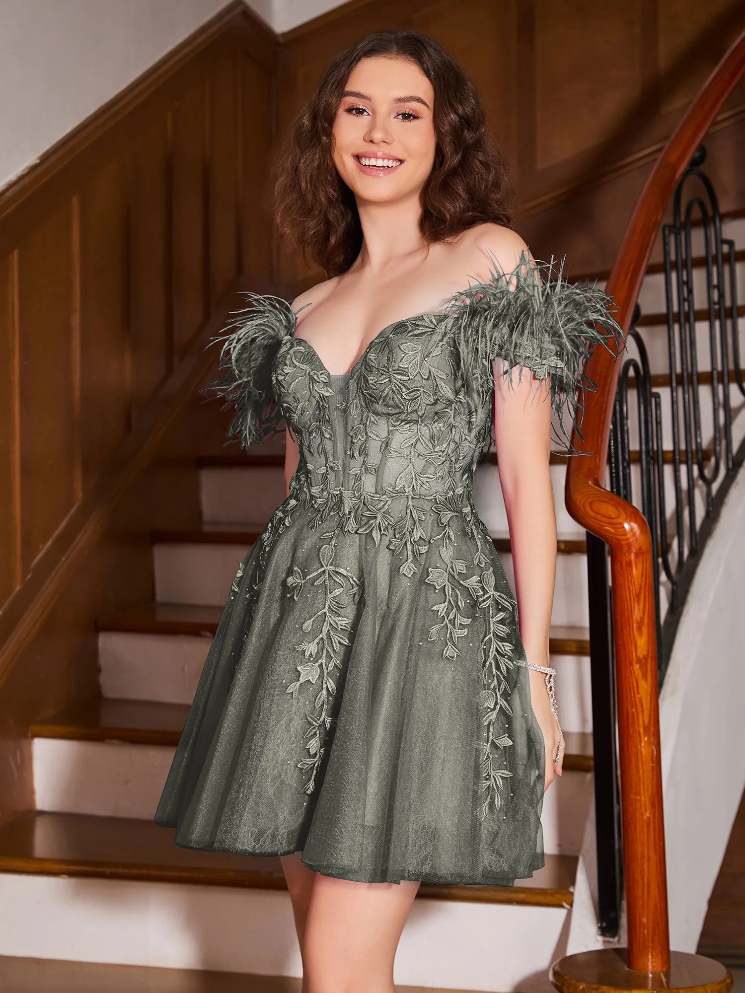 Feather Adorned Off-the-shoulder Cocktail Dress Steel Grey