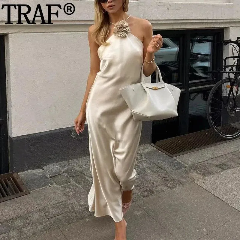 Floral Halter Satin Gown: Elegant Off-Shoulder Dress