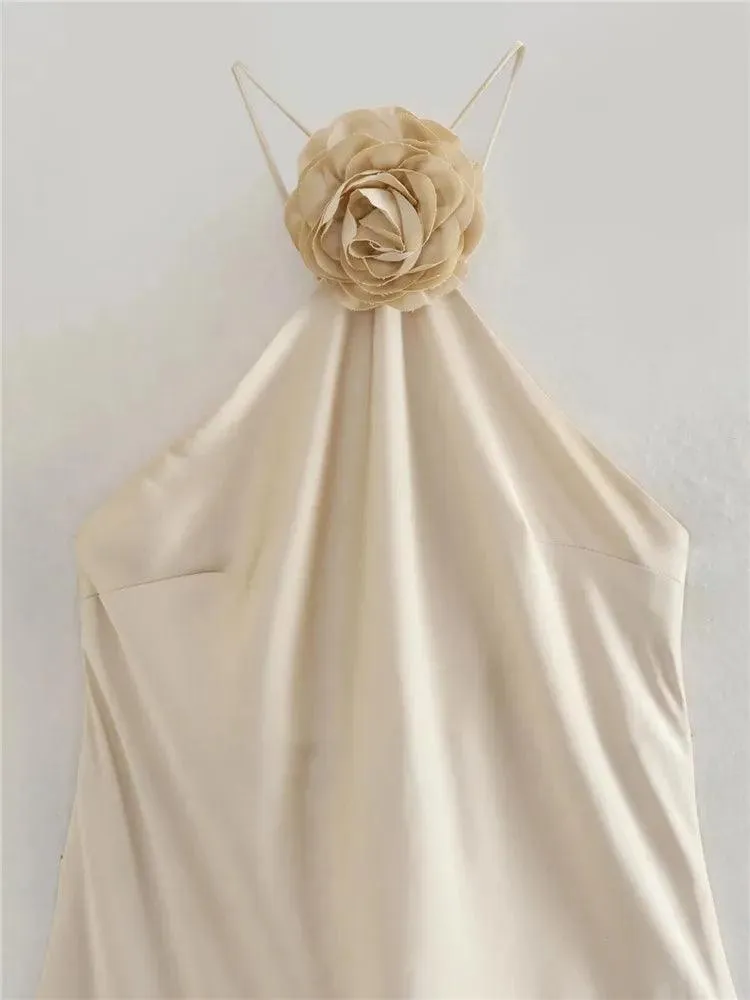 Floral Halter Satin Gown: Elegant Off-Shoulder Dress