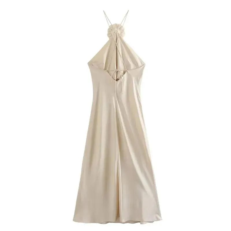 Floral Halter Satin Gown: Elegant Off-Shoulder Dress