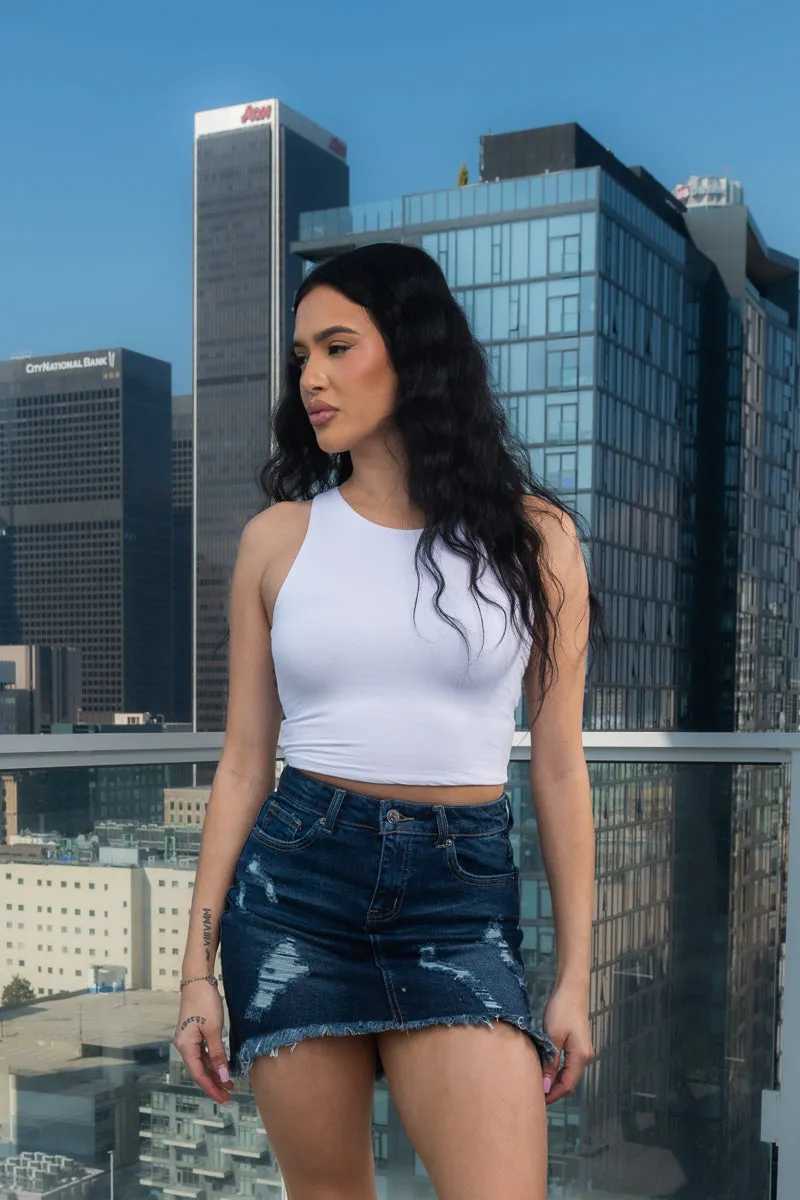 High Low Denim Mini Skirt With Distressed & Frayed Hem Front and Back Pockets (A06012)