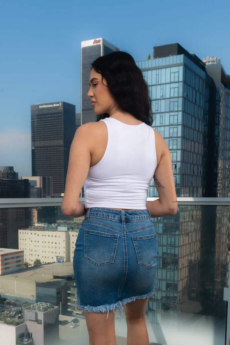High Low Denim Mini Skirt With Distressed & Frayed Hem Front and Back Pockets (A06012)