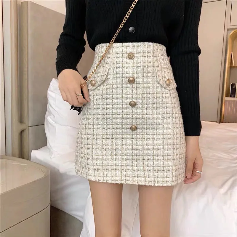 High Waist Woolen Plaid Vintage Button Skirts