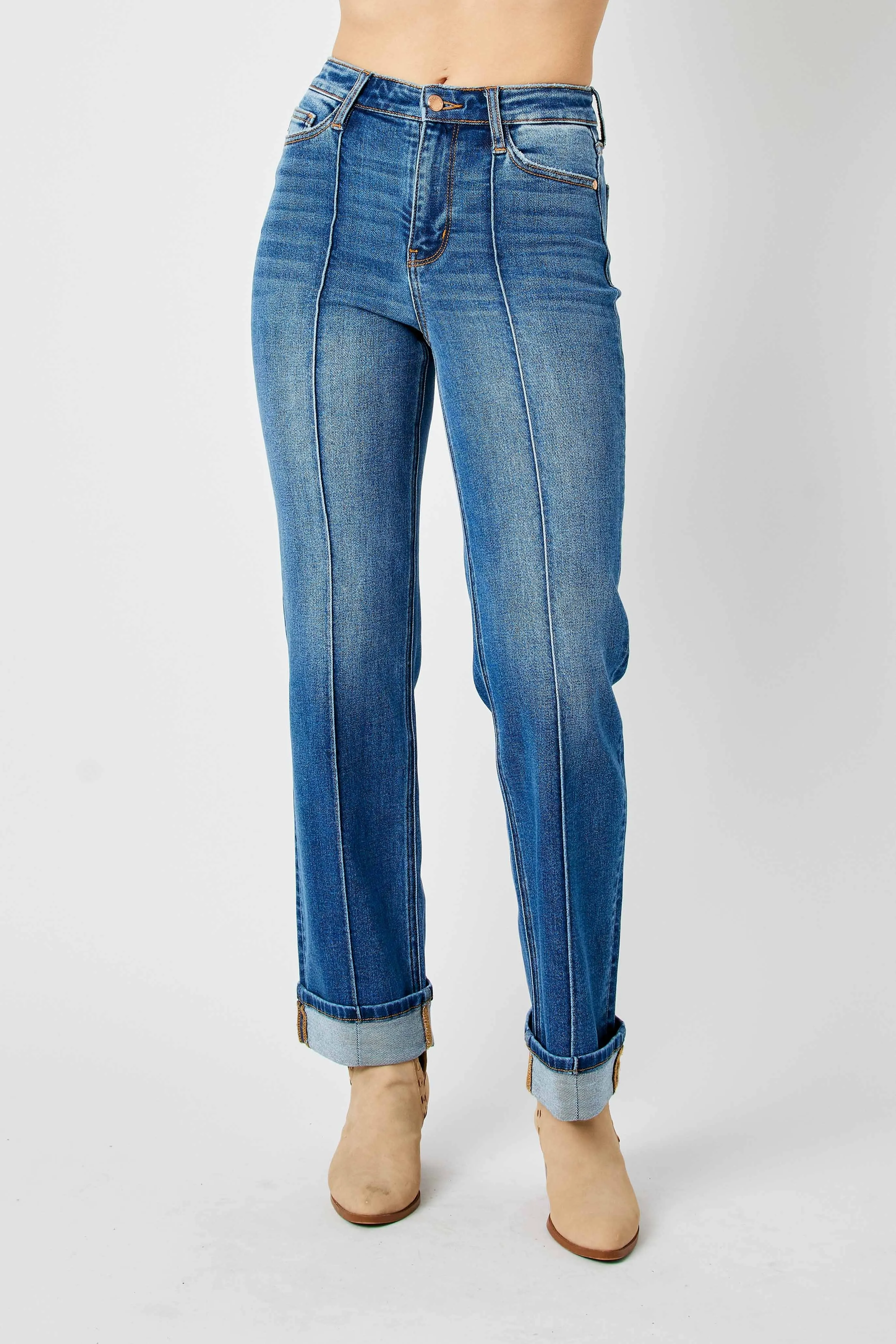 Judy Blue High Waist Front Seam Cuff Detail Straight Jeans